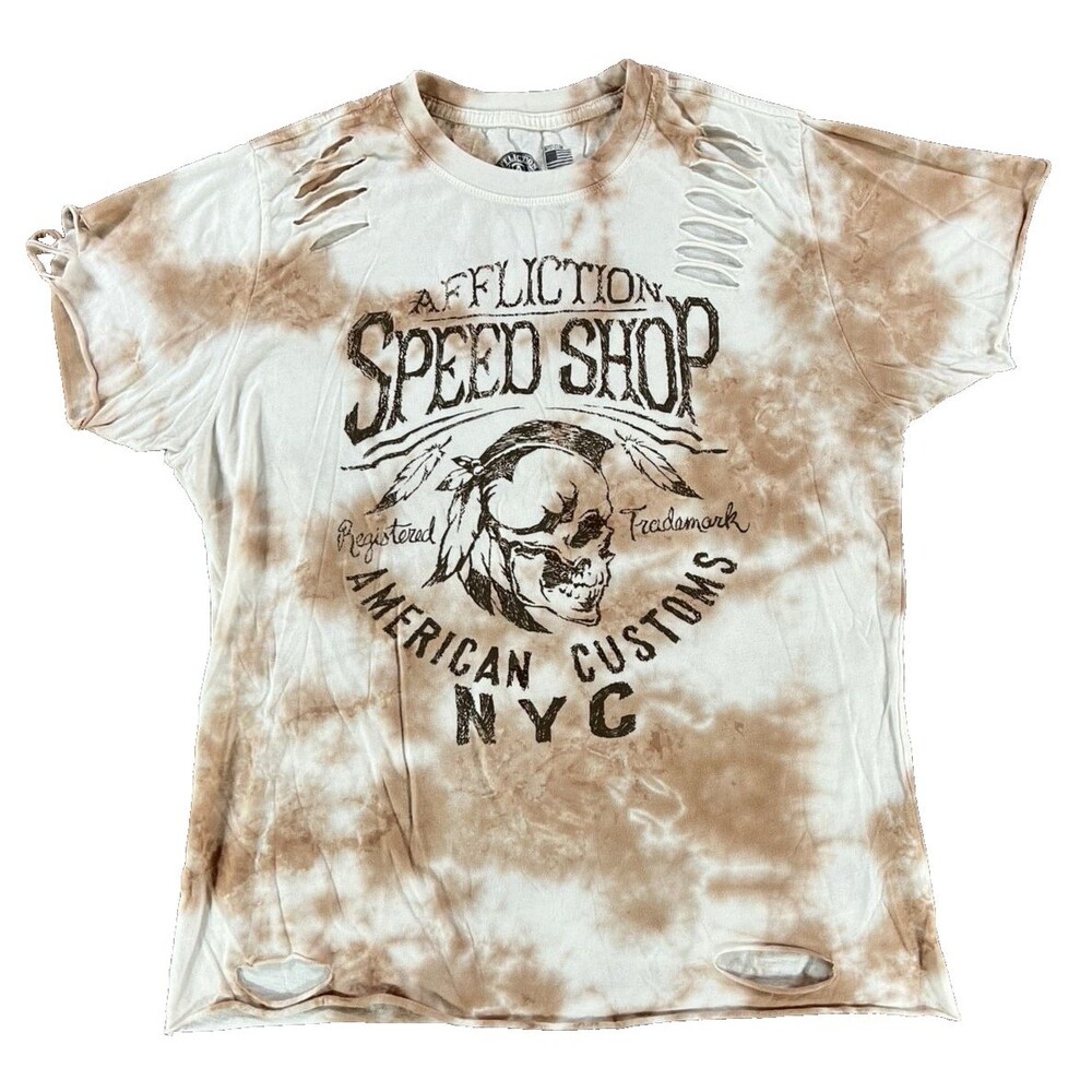 Affliction American Customs Speed Shop NYC Skulls White/Brown Distressed Medium